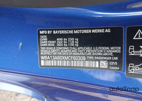 2021 BMW M440I xDrive z USA, uszkodzony, nr VIN WBA13AR0XMCF60309